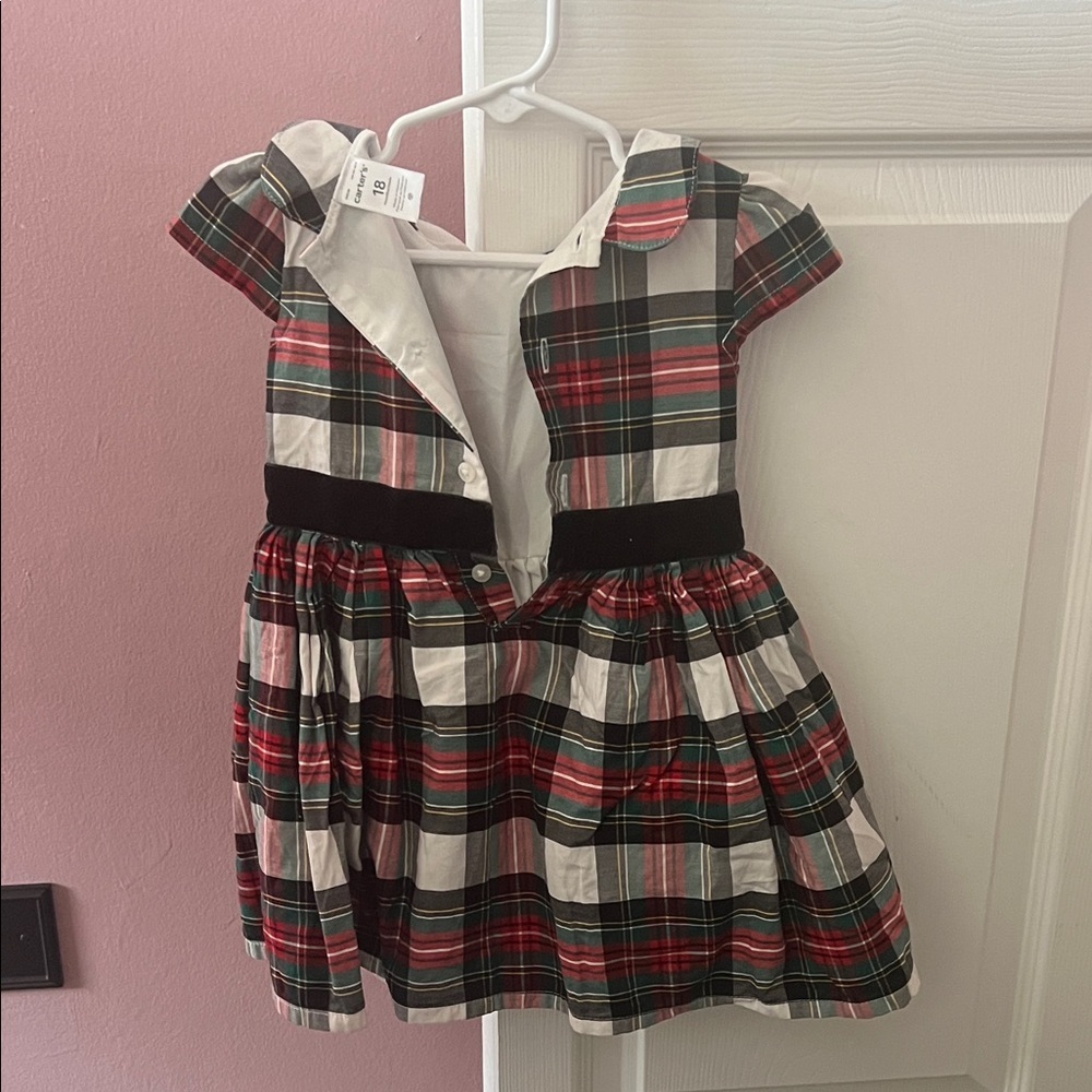 Carter's Festive Plaid Dress with Black Velvet Bow - Picture 2 of 3